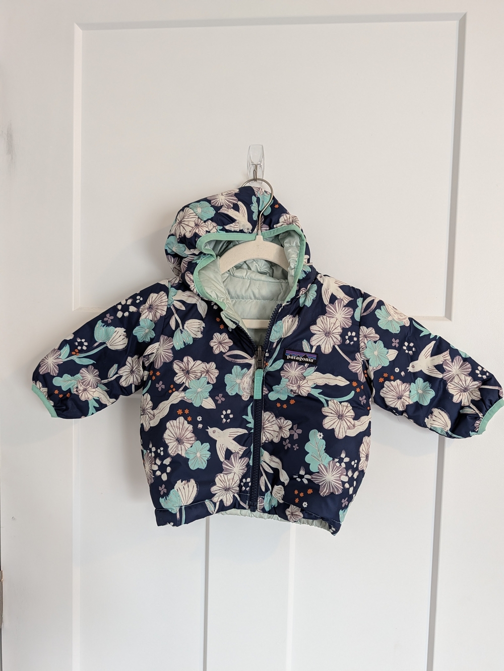 Patagonia Kids Navy Floral Puffer with Mint Accents